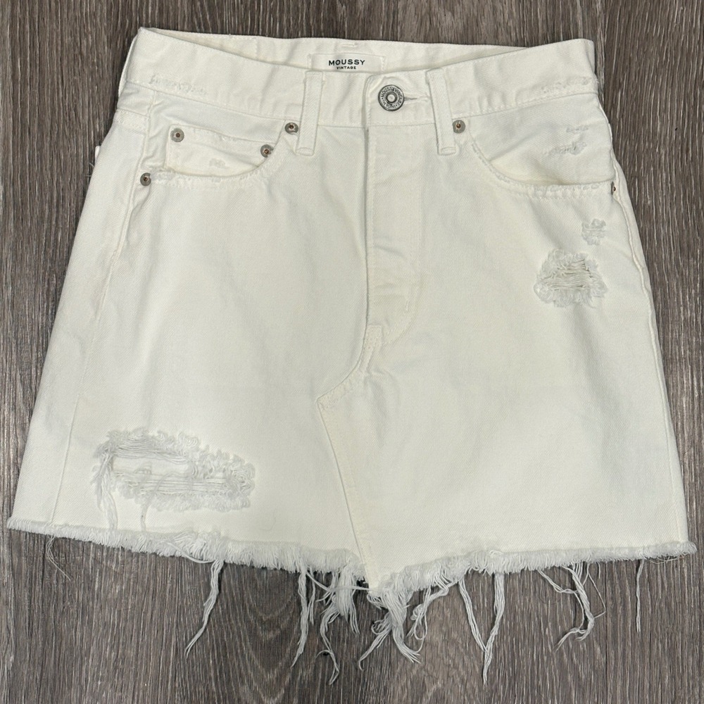 Moussy Vintage White Japanese Denim Ripliy Distressed Mini Skirt 25 Going Out - Picture 2 of 10